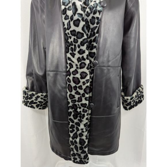 NWOT! ATLANTIC BEACH! LUXE VEGAN LEATHER, BLACK/GRAY LEOPARD FAUX FUR COAT! SZ L - Picture 6 of 9